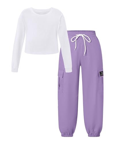 Image of Betusline Girls Fall Winter Clothing Sets, Long Sleeve Crop Top & Cargo Jogger Pants 2 Piece Outfit Sets,4T-14Y