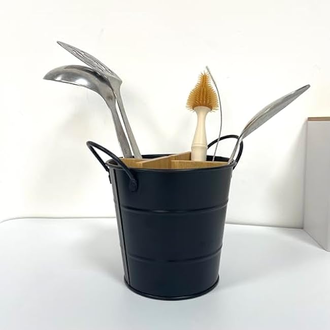Stainless Steel Utensil Holder Silverware Organizer Cutlery Bucket with 3 Compartment divided by a Removable bamboo Divider (Black)