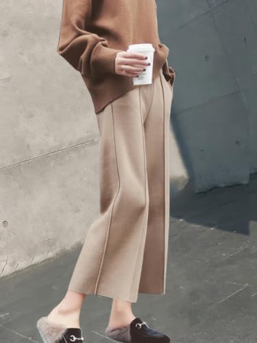 ebossy Women's Elastic Waist Wide Leg Wool Blend Capri Pants Casual Dressy Winter Warm Palazzo Trousers with Pockets3
