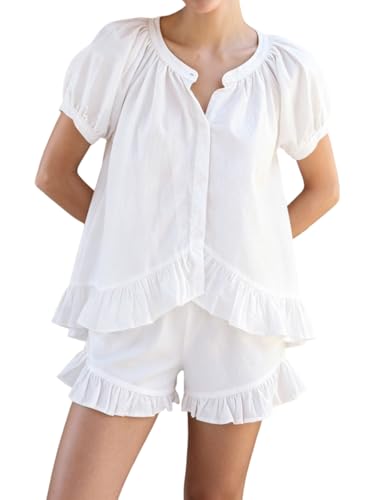 Image of Womens Ruffle Pajama Set Short Sleeve Button Down Top and Shorts | Cotton Ruffle Pajamas Set, Ruffle Shorts Set Women, 2 Piece Shorts Set for Women