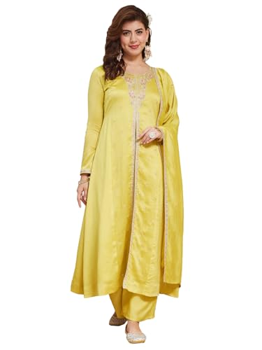 Image of MOKOSH Women's Silk Embroidery Anarkali Kurta Pant with Dupatta | Anarkali Kurta Set | Round Neck Full Sleeve Ethnic Suit | Indian Kurta Outfit with Pant | 3 Piece Outfit