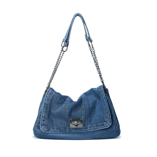 HuiYStar Sac Fourre-tout en Jean pour Femme, Sac à Bandoulière Réglable avec Chaîne, Sac à Main Rétro à Fermeture éclair