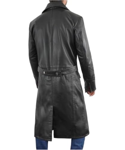 Hide & Seek Men’s Vintage European Officer Black Style Trench Coat - Classic Brando Officer Full Length Leather Long Coat4