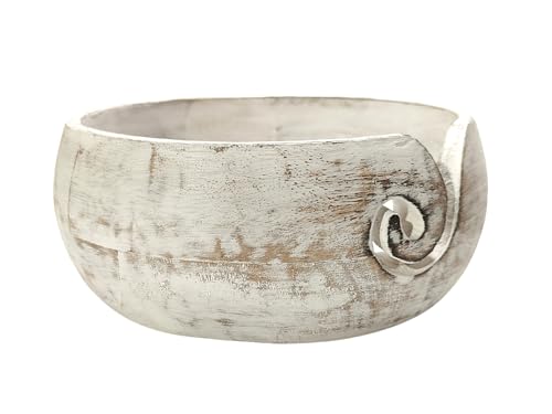 Image of Handmade Acacia Wood Yarn Bowl - Large Knitting & Crochet Holder for Tangle-Free Crafting - 6.5 inch x 3 inch (Antique White) - Gift for Knitters & Crocheters