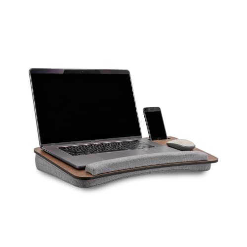 Vigo Wood Laptop-Schoßtisch mit Kissen und Handgelenkauflage, tragbarer Betttisch für das Home Office mit Tablet- & Handy-Slot (Walnuss)