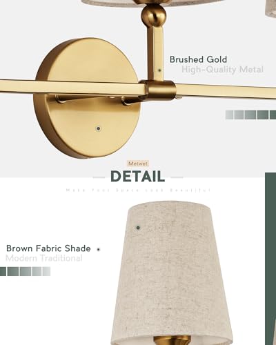 Image of 3-Light Bathroom Light Fixtures, Brushed Gold Vanity Lights with Brown Fabric Shade, Modern Sconces Wall Lighting for Hallway Bedroom, Upward Lighting, VL837-BG-L-3