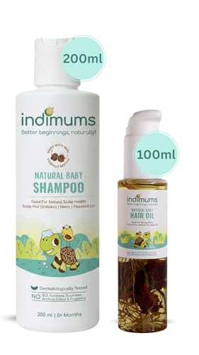 Image of Indimums Baby Hair Oil & Shampoo Combo (100ml +200ml) | 17 Herbs + Real Reetha & Shikakai | No Mineral Oil, No SLS | Dermatologist Tested | Promotes Hair Growth