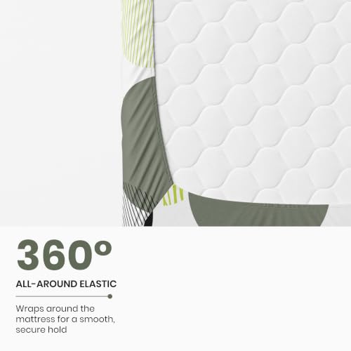 Image of LORETO - A QUALITY LINEN BRAND 144 TC 100% Pure Cotton King Size Fitted Bedsheet with 2 Pillow Covers for 72 x 72 Inch Mattress, All-Around Elastic, 8 Inch Deep Pocket, Olive Green & Black Circles