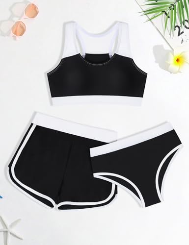 Girls Bikini 3PCS Swim Sets Color Block Crop Top Briefs with Shorts for 7-16 Years2