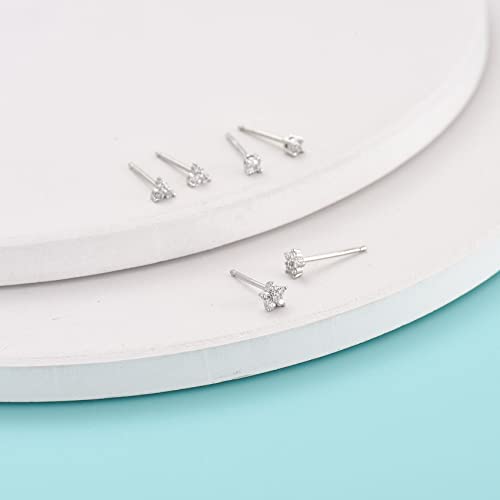 Sterling Silver Stud Earrings For Women, 3 Pairs Tiny Flower Earrings Set | Small Cubic Zirconia Helix Earrings Dainty Tragus Cartilage Studs Cherry Blossom Ear Piercing Jewelry Gifts For Girls Teens #TOP6