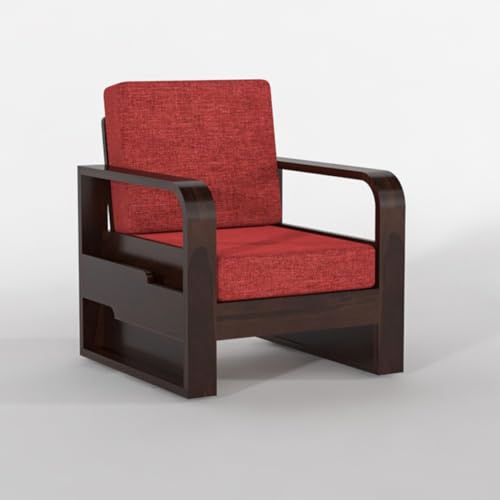 Image of Sheesham Wooden 1 Seater Sofa for Living Room | Solid Wood Sofa with Side Pocket Storage & Cushion | Rosewood Sofa Set for Home & Office | Lounge (Walnut with Red Cushion, 1 Seater)