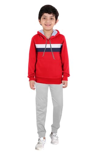 Image of Trendy Park Boys Hooded sweatshirt and Pant set (7-8 Years, Red Grey)