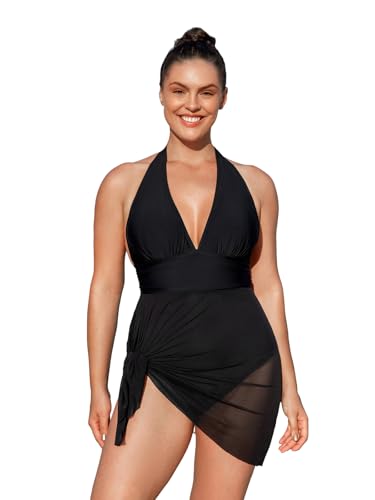 CUPSHE Womens's Plus Size One Piece Swim Dress Tummy Control Swimsuit V Neck Bathing Suit Halter Mesh Skirt Tie