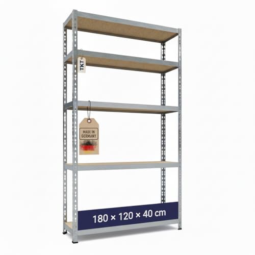 TKT – Work System Steckregal mit Holzböden 180x120x40cm - Verzinktes Regal mit 150kg Tragkraft pro Boden. Schwerlastregal mit 5 Böden für Werkstatt, Wohn- & Kellerraum