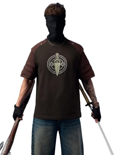 Image of The Souled Store Vikings: Longship Men and Boys Short Sleeve Rpund Neck Brown Embroidered Cotton Oversized Lightweight Breathable Drop Shoulder Streetwear T-Shirts