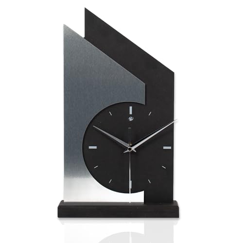 Kreative Feder Standuhr „Skyscraper“ aus Holz – Schwarze Tisch-Uhr mit silberfarbener Applikation aus gebürstetem Aluminium; Größe ca. 34,5x20x5cm (Applikation Alu Silber, leises Quarzuhrwerk)
