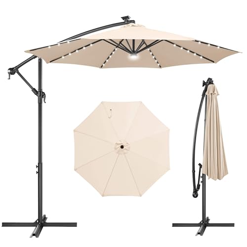 Image of Solar Offset Patio Umbrella - 10 FT Solar Cantilever Umbrella Outdoor with 40 LED Lights and Cross Base, UV Protection for Garden, Deck, Backyard, Pool, Porch, Beige