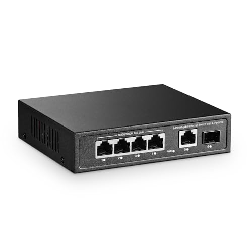 YuLinca 6 Port Mini Gigabit PoE Switch with 4 PoE+ Port, 1 Gigaibt RJ45 Uplink, 1 Gigabit SFP,...