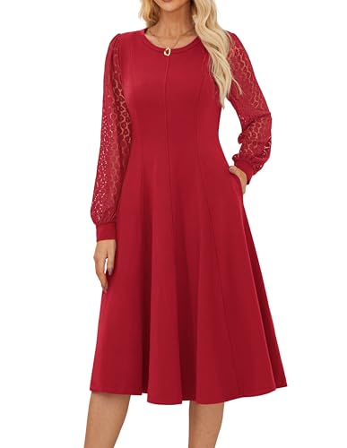 GRACE KARIN Women's 2025 Casual Long Lace Sleeve Dresses, Summer Flowy Crewneck A Line Plain Midi Dress with Pockets Red M