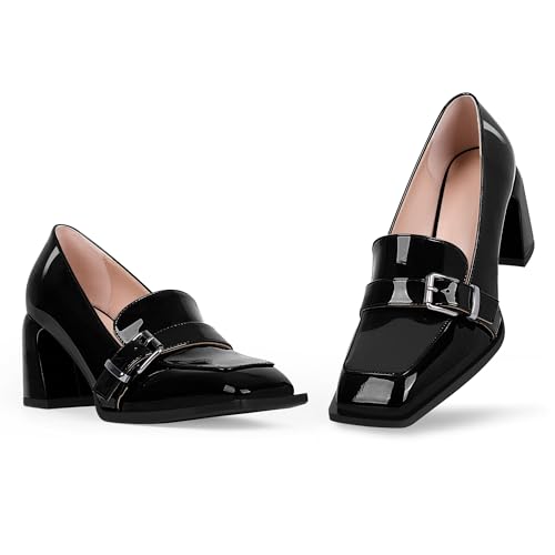 Women's Comfortable Buckle Chunky Heel Pumps Square Toe Work Dress Shoes3