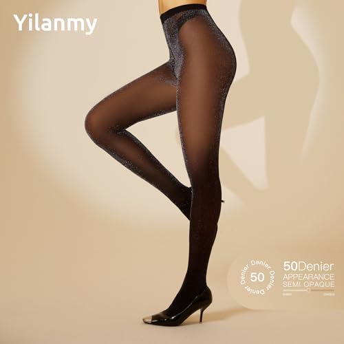 Yilanmy Sparkly Tights for Women Lurex Metallic Shimmer Tights, 50D High Waist Glitter Pantyhose 2 Pairs2