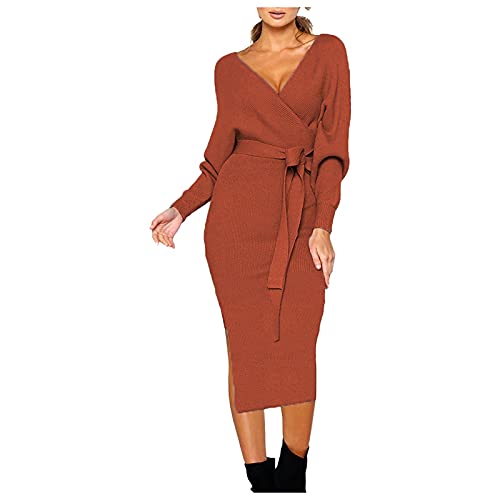 Strickkleid Damen, Strickkleid Damen Lang Tiefem V Ausschnitt Schlitz Pullover Kleid mit Schleife Elegant Langarm Midi Winterkleid Slim Fit...