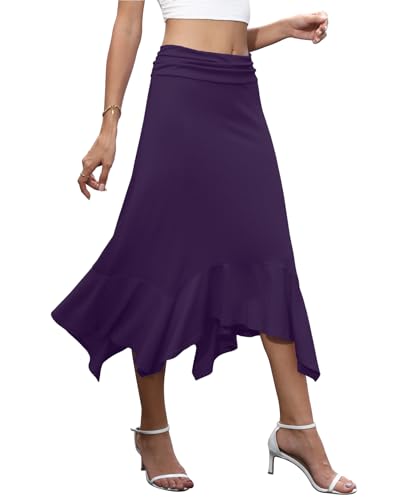 NILOUFO Women's Skirts Stretchy Waistband Handkerchief Hem Flowy Flared Casual Midi Skirt3