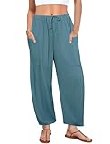 DLOODA Flowy Wide Leg Pants for Women, Drawstring Palazzo Harem Pants Casual Beach Vacation Trousers with Pockets Lake Blue