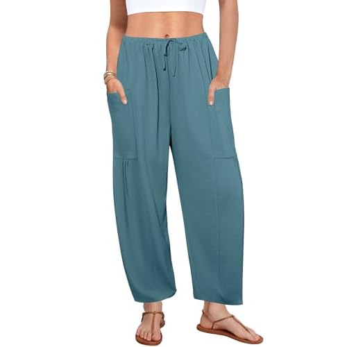 Flowy Wide Leg Pants for Women, Drawstring Palazzo Harem Pants Casual Beach Vacation Trousers with Pockets Lake Blue Large