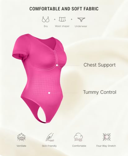 Image of FeelinGirl Short Sleeve Shapewear Bodysuit for Women V Neck Tummy Control | Sweetheart Neckline, Seamless, Going Out Tops, Thong, Plus Size, Soft