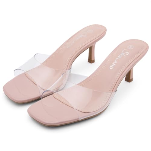 Image of Shoe Land Women's Low Heels Stiletto Heeled Slides, Open Toe One Band Slip-On Heeled Mules - Dressy Heeled Sandals for Prom, Party Wedding and Vacation