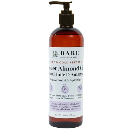 Bare Botanics 100% Pure Sweet Almond Body Oil 16 oz - Cold Pressed & Natural for All Over Moisturization - Multipurpose Carrier Oil for DIY - Hydrate Dry Skin, Hair & Body - Vegan, Cruelty Free Beauty