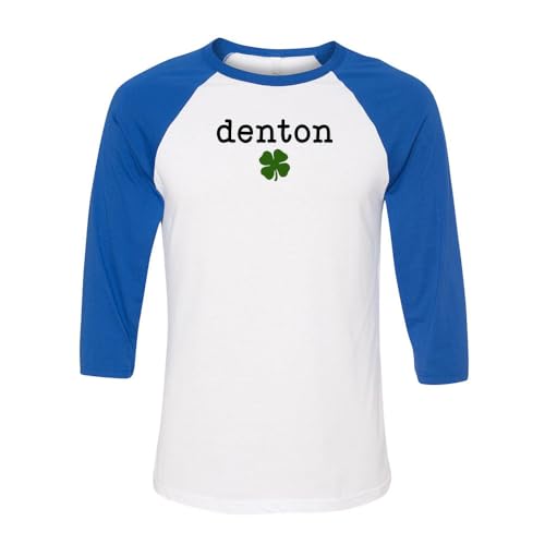 TeesAndTankYou Denton Shamrock Three-Quarter Raglan Sleeve Baseball Shirt Unisex Medium White/Royal