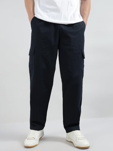 Image of Veirdo Pure Cotton Baggy Fit Regular Length Mid Rise 4 Pocket Cargos for Men (Colors: Black, Olive, Grey, Brown & Navy)