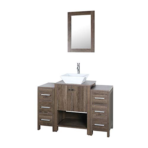 48\" Bathroom Vanity Cabinet Brown MDF Wood Vessel Sink Modern Design w/Mirror Faucet Drain - Thumbnail 2
