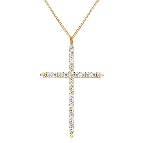 Moissanite Cross Necklace for Women, 925 Sterling Silver Diamond Crucifix Pendant, 14K White Gold Plated Iced Out Jesus Christian Jewelry, Birthday Wedding Christmas Gift (17+2.5” Adjustable Chain, with Box)