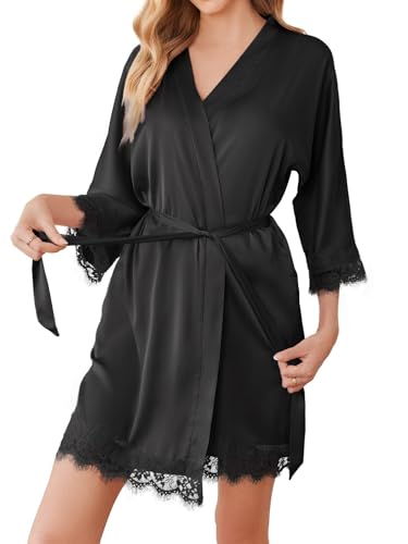 BeautyUU Damen Morgenmantel Kimono Bademantel Satin Nachthemd Nachtwäsche...