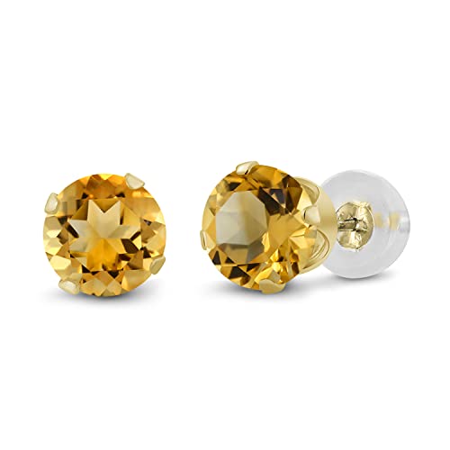 Gem Stone King 14K Yellow Gold Yellow Citrine Stud Earrings For Women Men (0.52 Cttw, Gemstone November Birthstone, Round 4MM)