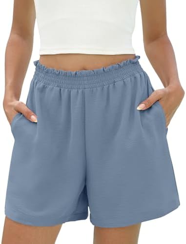 Rapbin Kurze Hose Damen Sommer Gerüschter Gummizug High Waist Weites Bein Leicht Lässige Shorts Damen mit Taschen