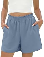 Rapbin Ladies Shorts Ruffle Elastic High Waist Wide Leg Womens Casual Summer Shorts with Pockets Cute Dressy Clothes Gray Blue L