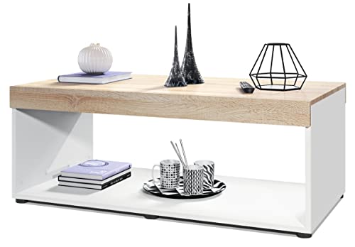 Vladon Table de Salon Pure, Table Basse rectangulaire, Blanc Mat/Chêne Brut (104 x 40,5 x 58 cm)