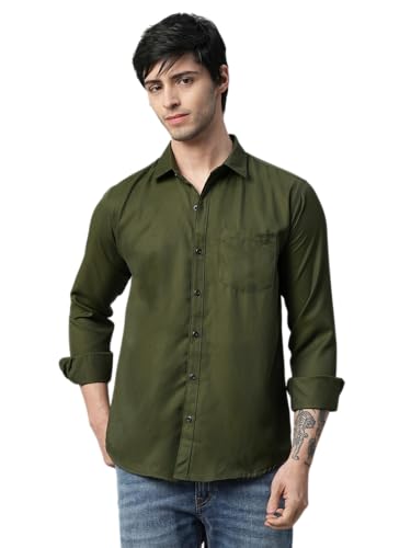 Image of Men's Army Green Regular Fit Casual Shirt | Solid Cotton Blend Full Sleeve Shirt for Office, Party