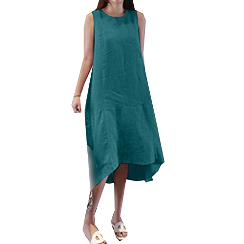 Women's Verano Bolsillos Cuello Redondo Sin Mangas Color SóLido Largo Swing Chaleco AlgodóN Lino Vestidos Mujeres