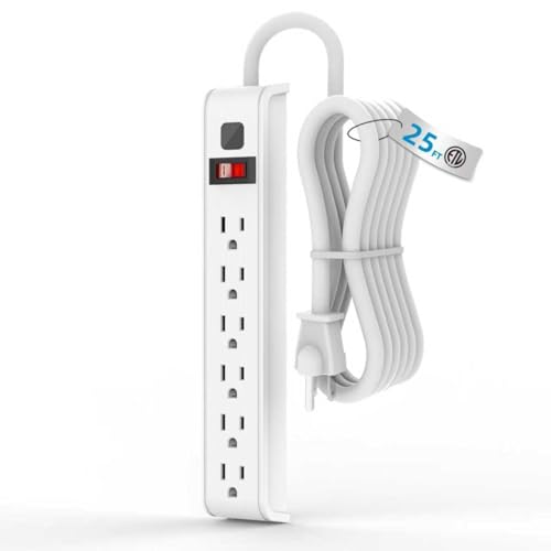 TiFFCOFiO Surge Protector Power Strip 25 Feet Extension Cord 600 Joules Surge Protection Multiple Protection 6 Outlet Strip 14 AWG Cord 15A/1875W ETL Listed