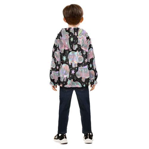 Colorful Hippo Pattern on Black Toddler Fleece Jacket Girl Boys Hooded Fleece Jacket Coat Warm Outwear Zip-up 3-10T4