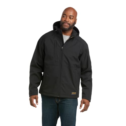 ARIAT Rebar Stretch Canvas Softshell Hooded Logo Jacket, Black/Lime, X-Large Tall