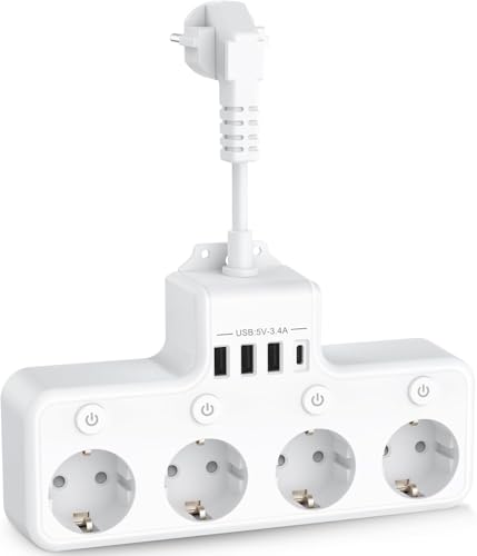 8 en 1 Multiprise USB 4 Prises avec 4 Ports USB Chargeur de Voyage (5V/3A,5V/2.4A) Multi Prise Multiple Electrique 3680W 16A avec 4 Interrupteur Individuel Multiple pour Maison, Bureau-Blanc