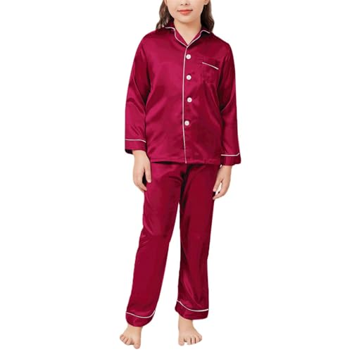Tween 𝗦ilk 𝐏a𝐣ama Set Long Sleeve Button Down 𝐋oun𝐠ewear Satin 𝐏ajamas and Long Pants Sl𝐞epwear Girls Boys 𝐏𝗝s