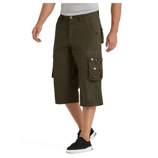 BEST SOUTH Bermuda cargo masculina capri longa de sarja abaixo do joelho 33 cm algodão ajuste relaxado casual com vários bolsos, Verde oliva, 46