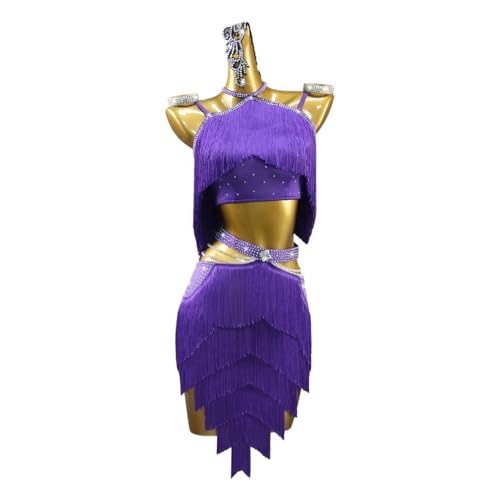 Vestido de baile latino, vestido de baile latino, falda con flecos, ropa de práctica, disfraz de fiesta, púrpura (Purple Dress), XL